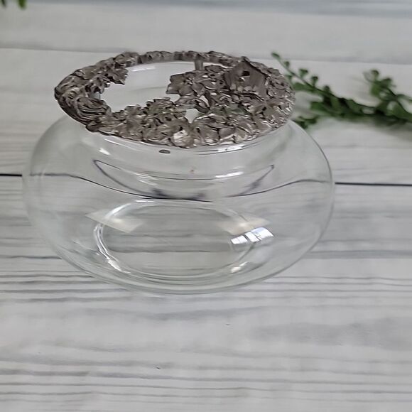 Trinket Jewelry Dish Diamond Cut Pewter And Glass Floral Birdhouse Design - Picture 2 of 8